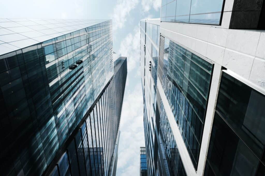 View of city buildings from the ground