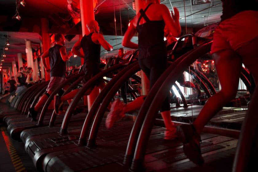 Clients exercise in a class at a Barry's Bootcamp studio in New York.