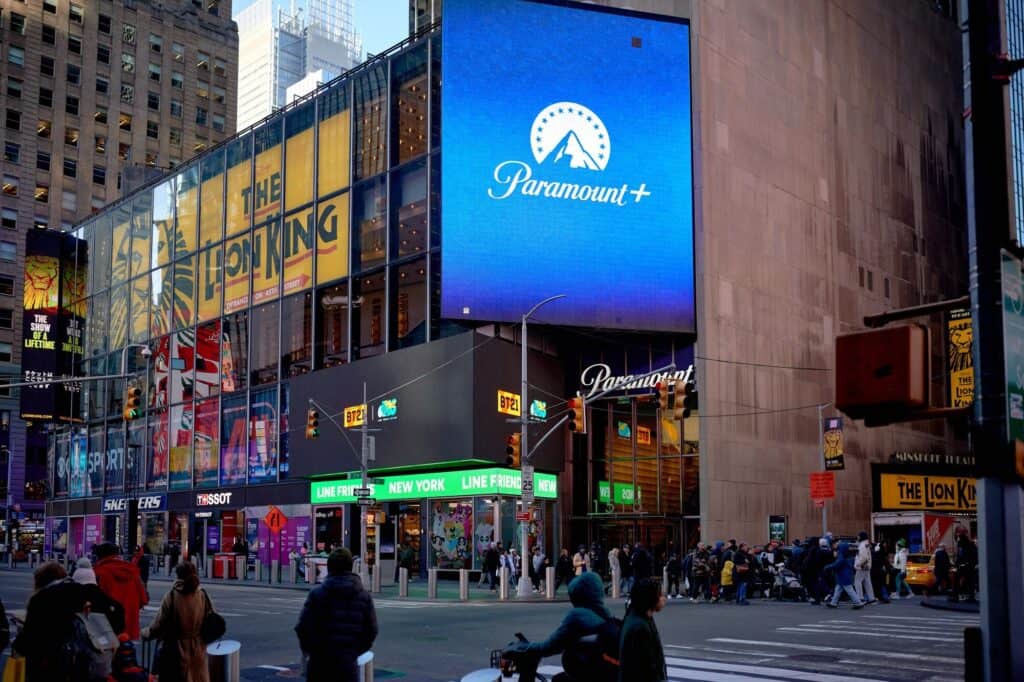 Paramount+ signage at the Paramount Global headquarters in New York