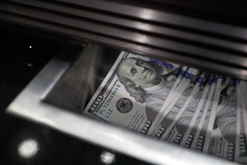 U.S. dollars banknotes at a currency exchange store