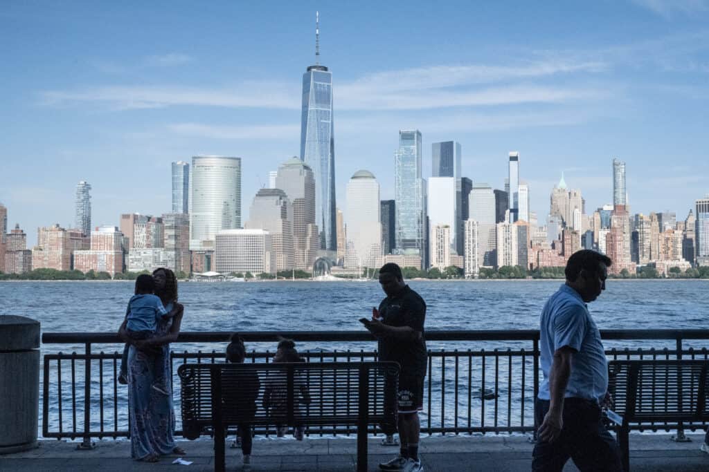 A waterfront park across from One World Trade Center