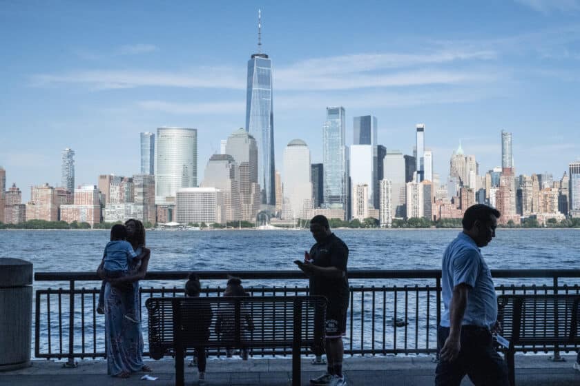 A waterfront park across from One World Trade Center