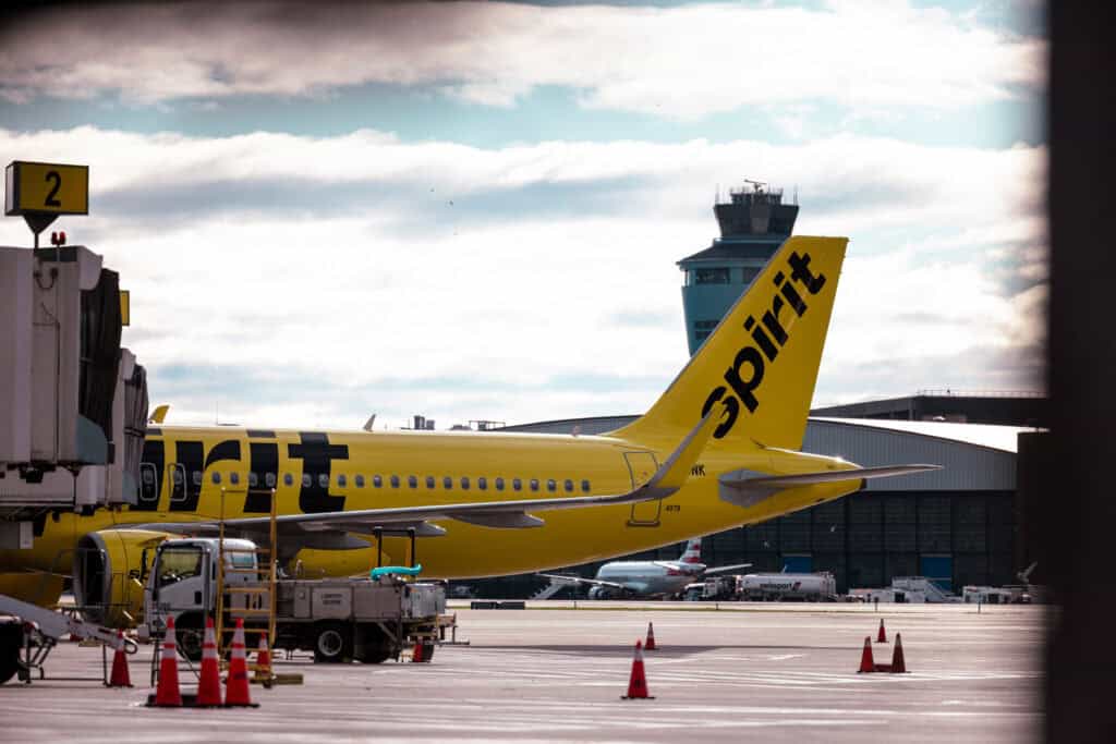 A Spirit Airlines plane at Terminal A of LaGuardia Airport in New York