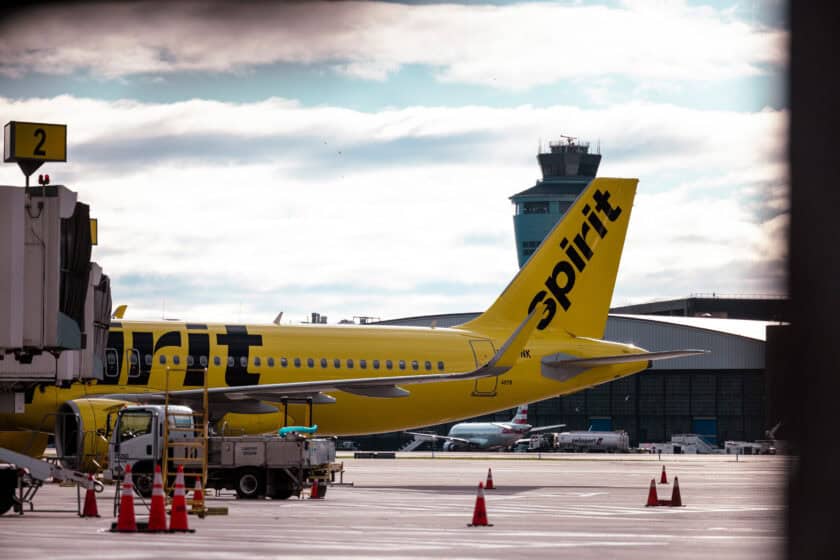 A Spirit Airlines plane at Terminal A of LaGuardia Airport in New York