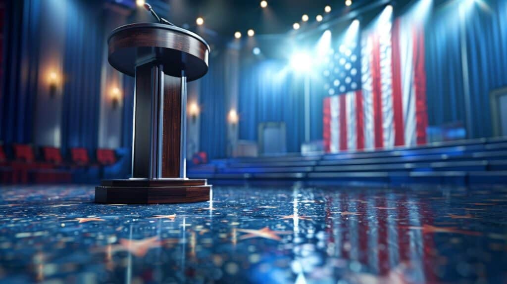 A presidential podium and American flag
