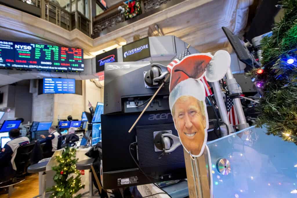 A cutout image of Donald Trump, on the floor of the New York Stock Exchange