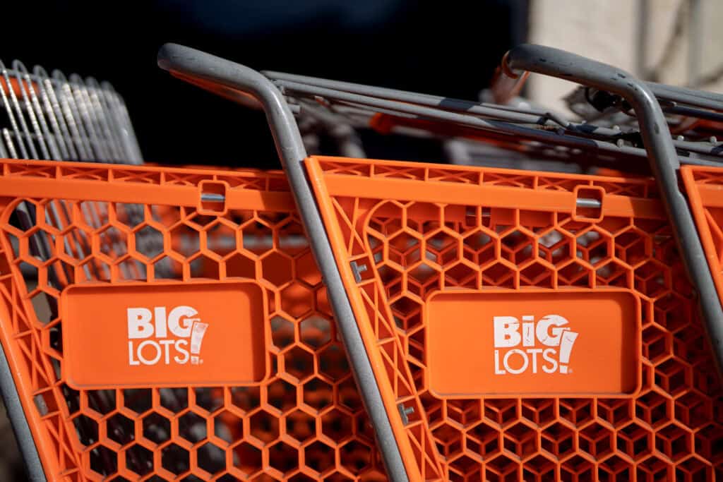 Big Lots shopping carts outside a store in Los Angeles, Calif.